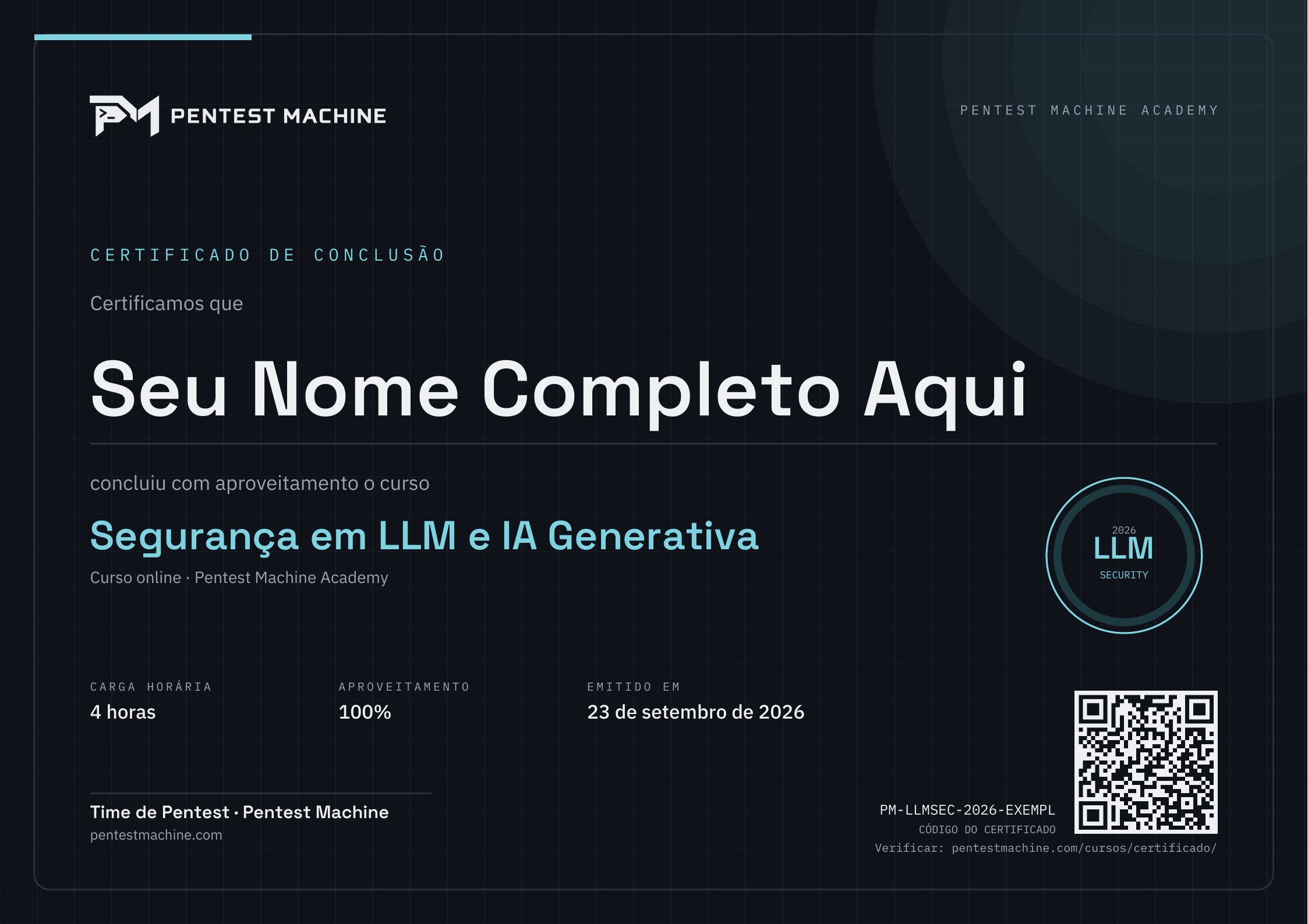 Exemplo de certificado do curso